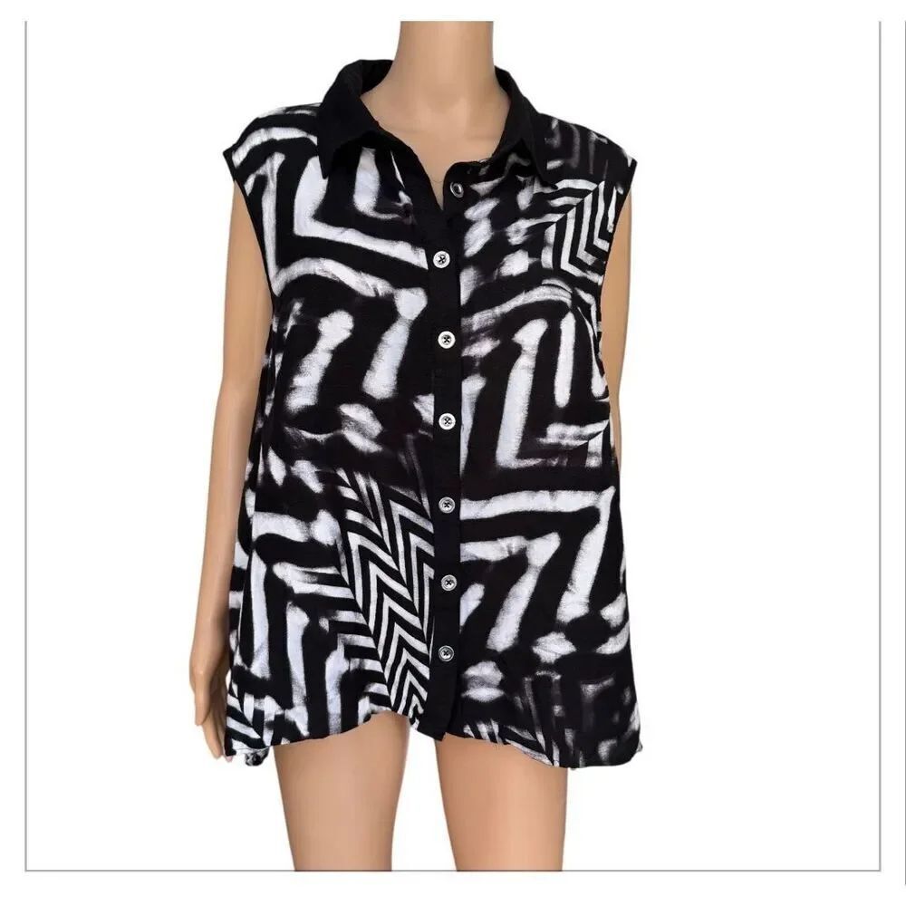 Ashley Stewart linen blend black/white sleeveless blouse size 22